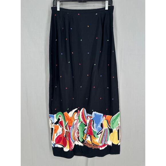 Vintage Dresses & Skirts - Vintage Skirt Womens Medium Black Maxi Colorful Artsy Funky Unique Art To Wear
